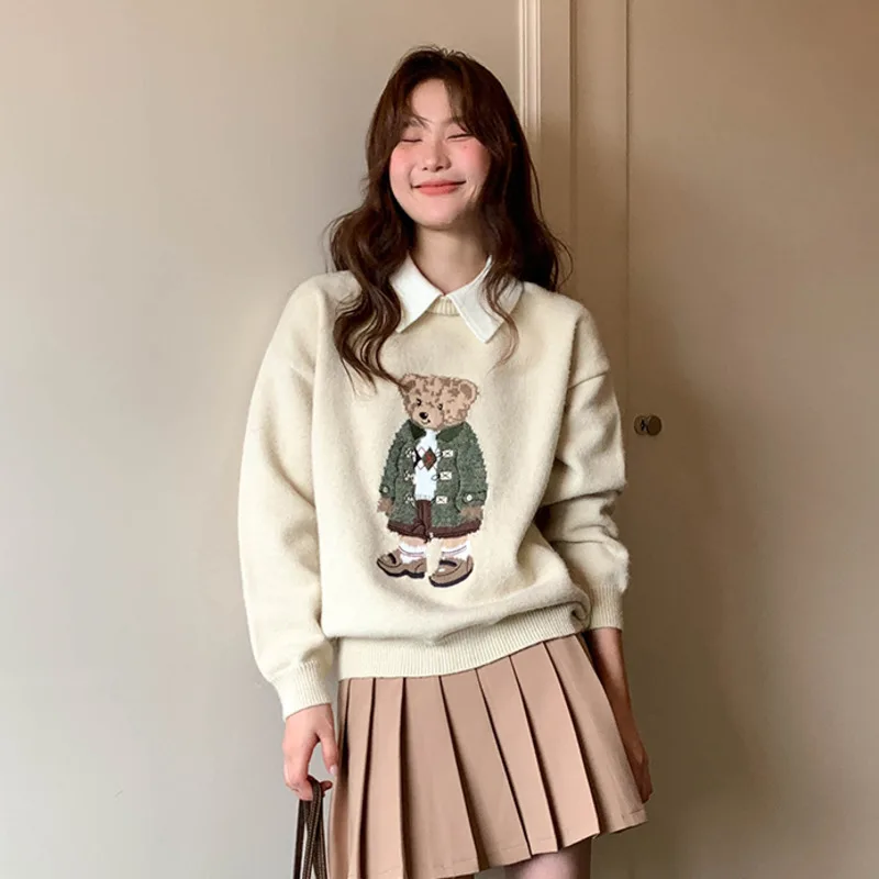 

Жаккардовый вязаный свитер с милым медведем, женский негабаритный французский винтажный топ, супермягкий пуловер свободного покроя, уютная осенняя повседневная одежда