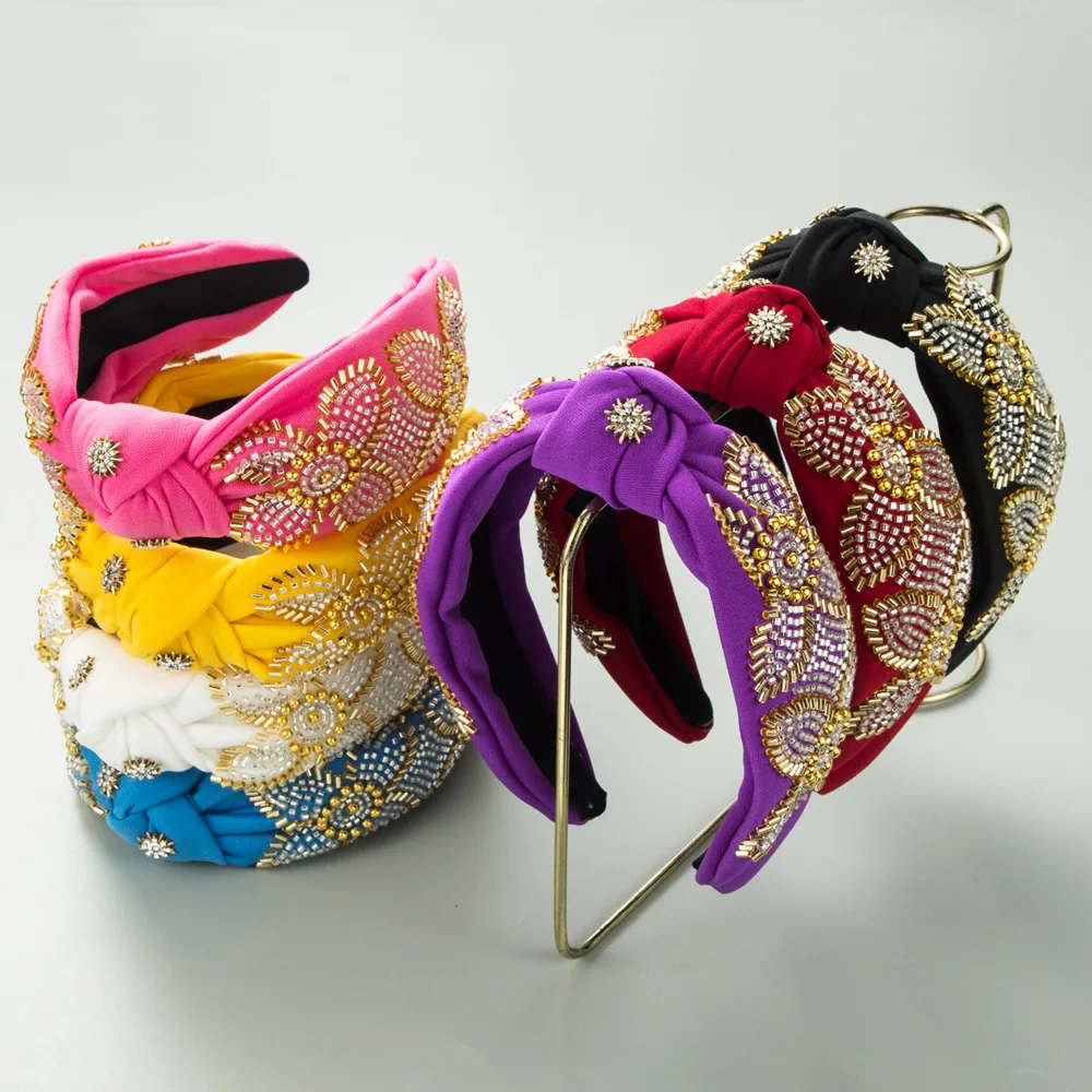 

European and American New Baroque Knotted Hairband Handmade Sewing Bead Floral Headband Hair Accessories