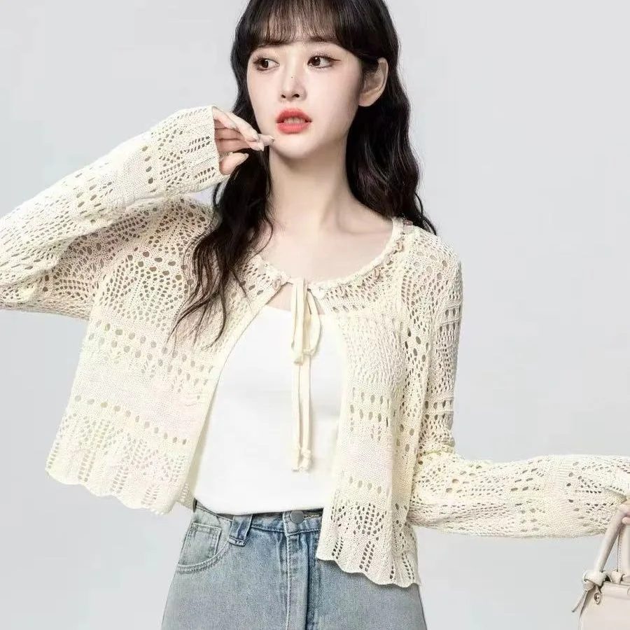 Women's Summer Lace Knit Cardigan Long Sleeve V-neck Openwork Crochet Tie Front Sun Protective Shawl Versatile Cover-Up for Fall