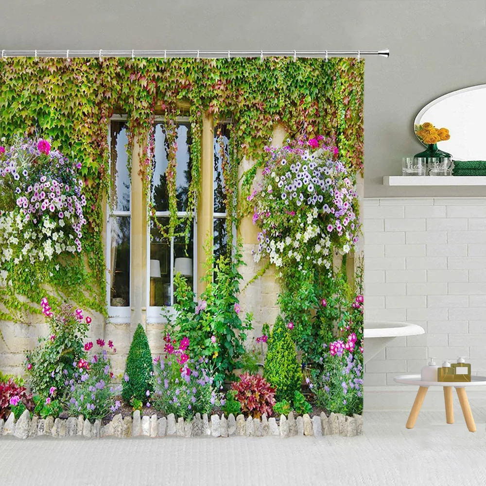 Spring Flower Shower Curtain, Street Scenery Fence Farm Wooden Door Seaside Window Forest Garden Greenery Bathroom Decoration