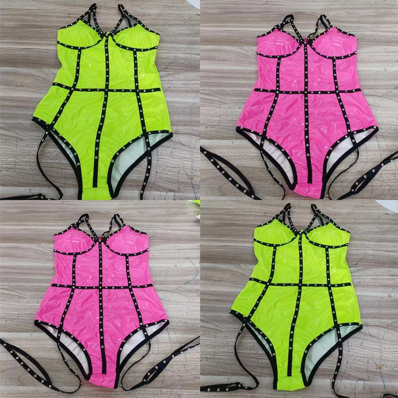 

Fluorescent Pink Green PU Bodysuit Sexy Pole Dance Clothing Female Gogo Dance Costume Bar Nightclub Dj Ds Rave Outfit XS6597