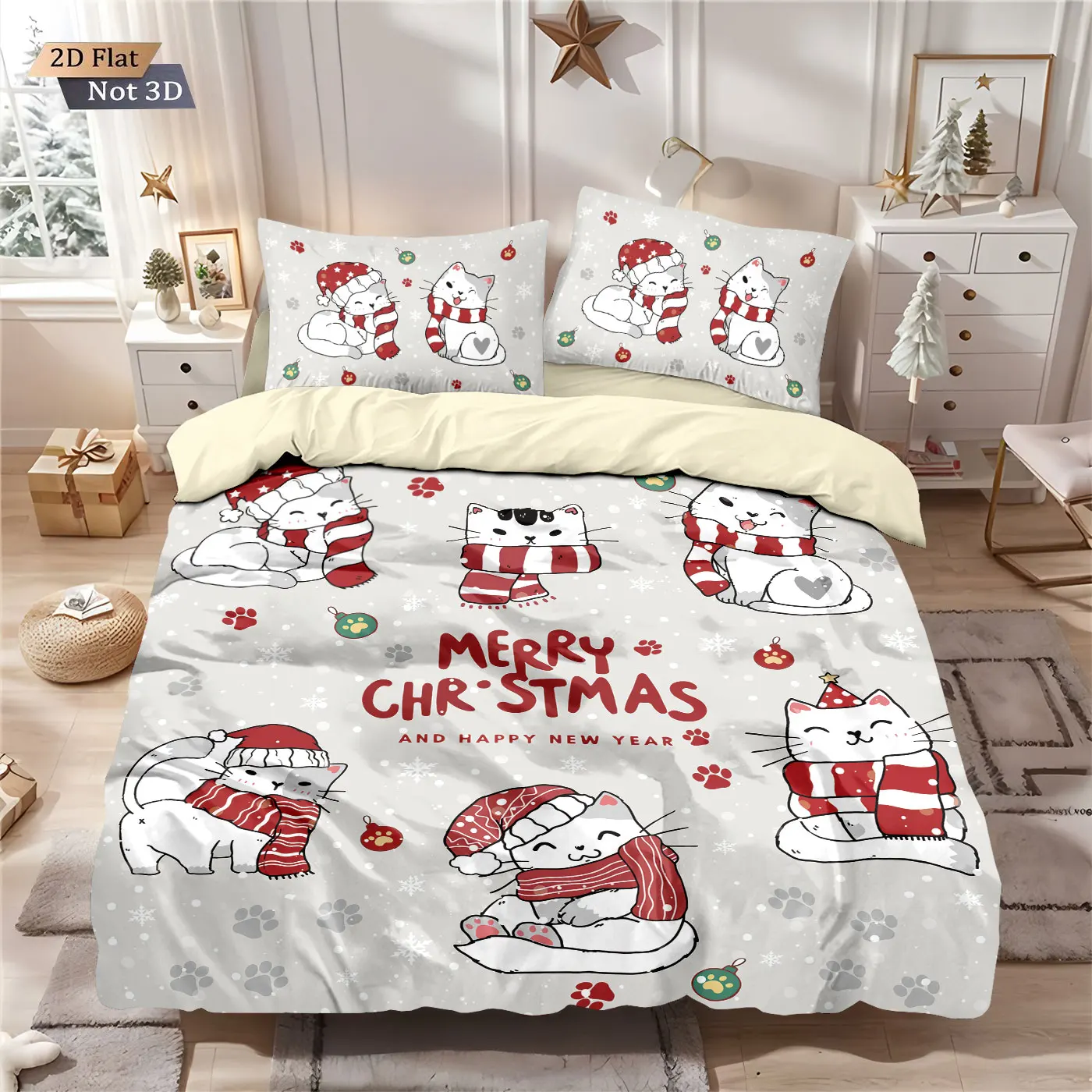 3-teiliges, mit Weihnachts-Cartoon-Kätzchen bedrucktes, chipless-Bettwäscheset, weiches Schlafsaal-Schlafzimmer, mehrere Größen, maschinenwaschbar