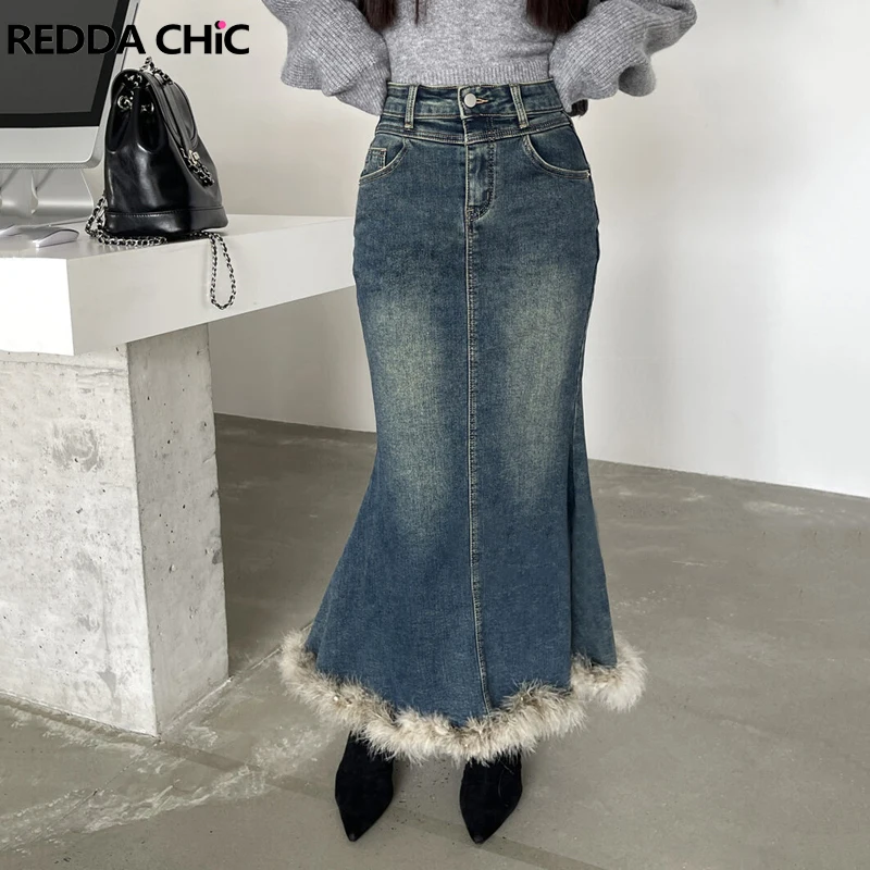 

ReddaChic Fluffy Faux Fur Denim Maxi Skirt Women Winter Patchwork Vintage Y2k Blue Jeans Long Skirt High Waist Fishtail Skirt