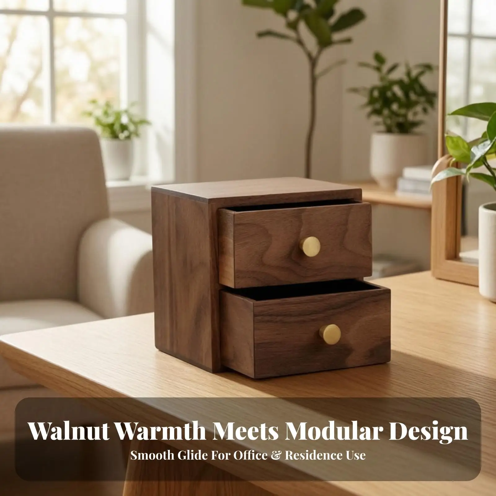 Wooden Composite Drawer Storage Box for Office Desk Organizer with Gold Tone Knobs Pencil Holder for Vanity