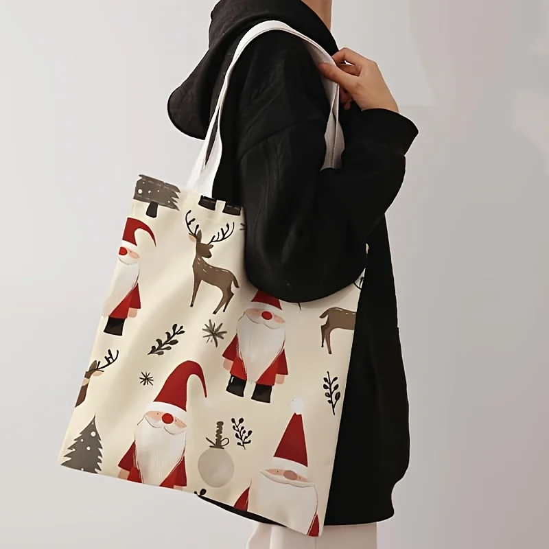 Bolso de mano con estampado de alces y gnomo navideño, bolso de compras reutilizable de poliéster para vacaciones con diseño de Papá Noel, Reno y copo de nieve