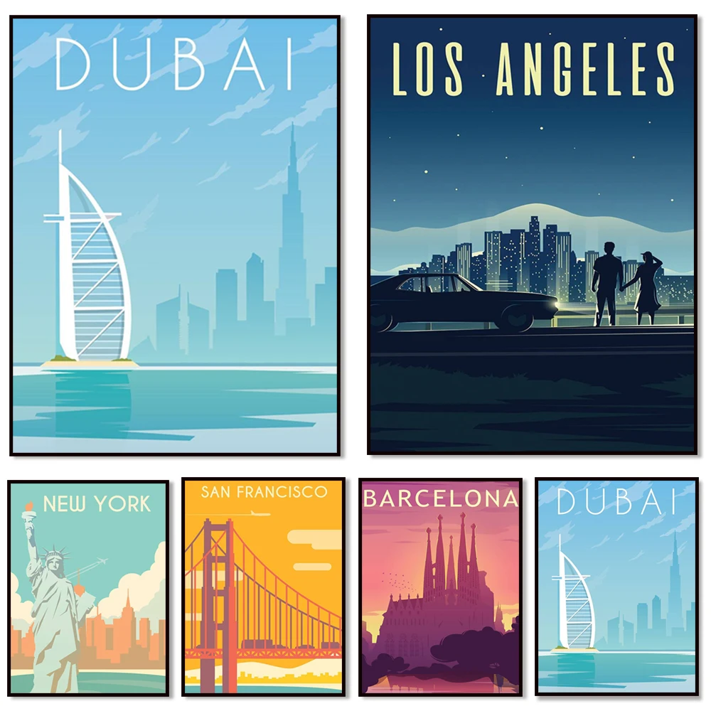 Egypt, Los Angeles, USA, Dubai, Big Ben UK, Northern Lights in Iceland, San Francisco, Barcelona, Spain, New York travel poster