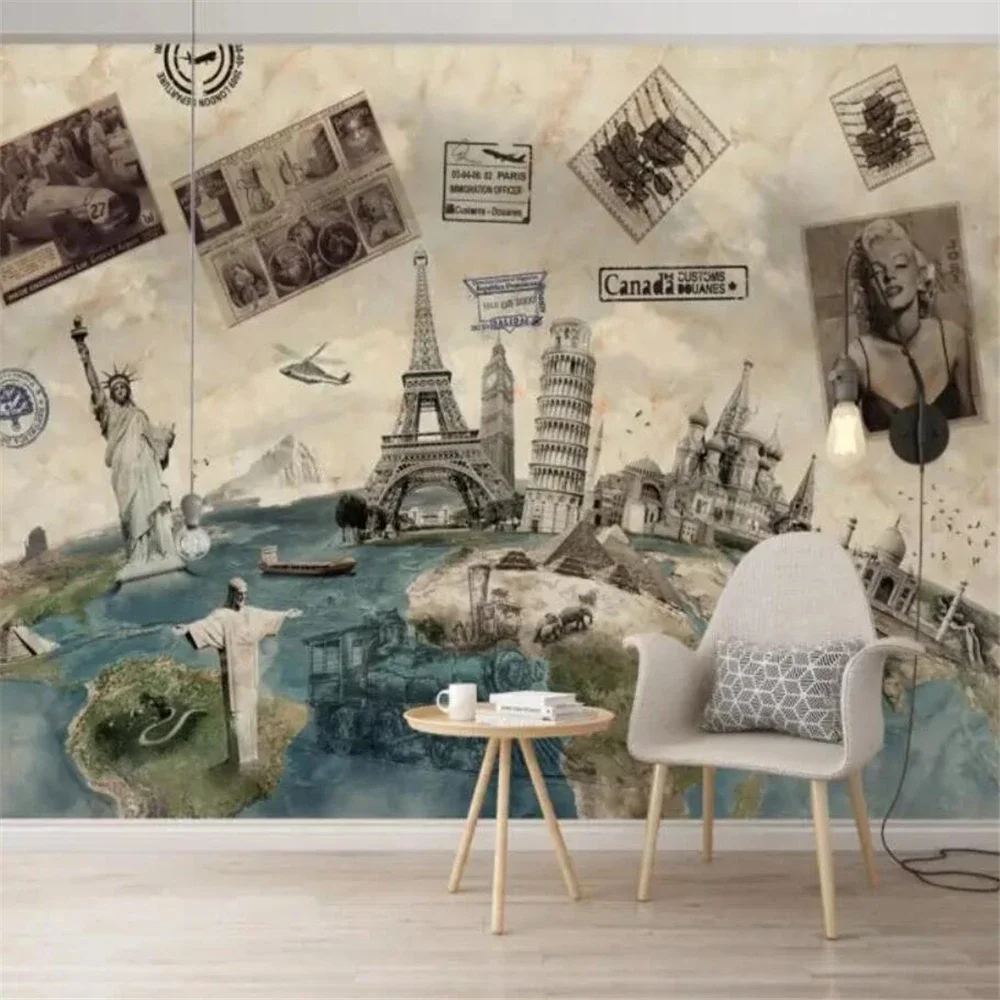 Custom luxury home decor Marble nostalgic travel world poster earth classic building wallpapers background wall paper home decor