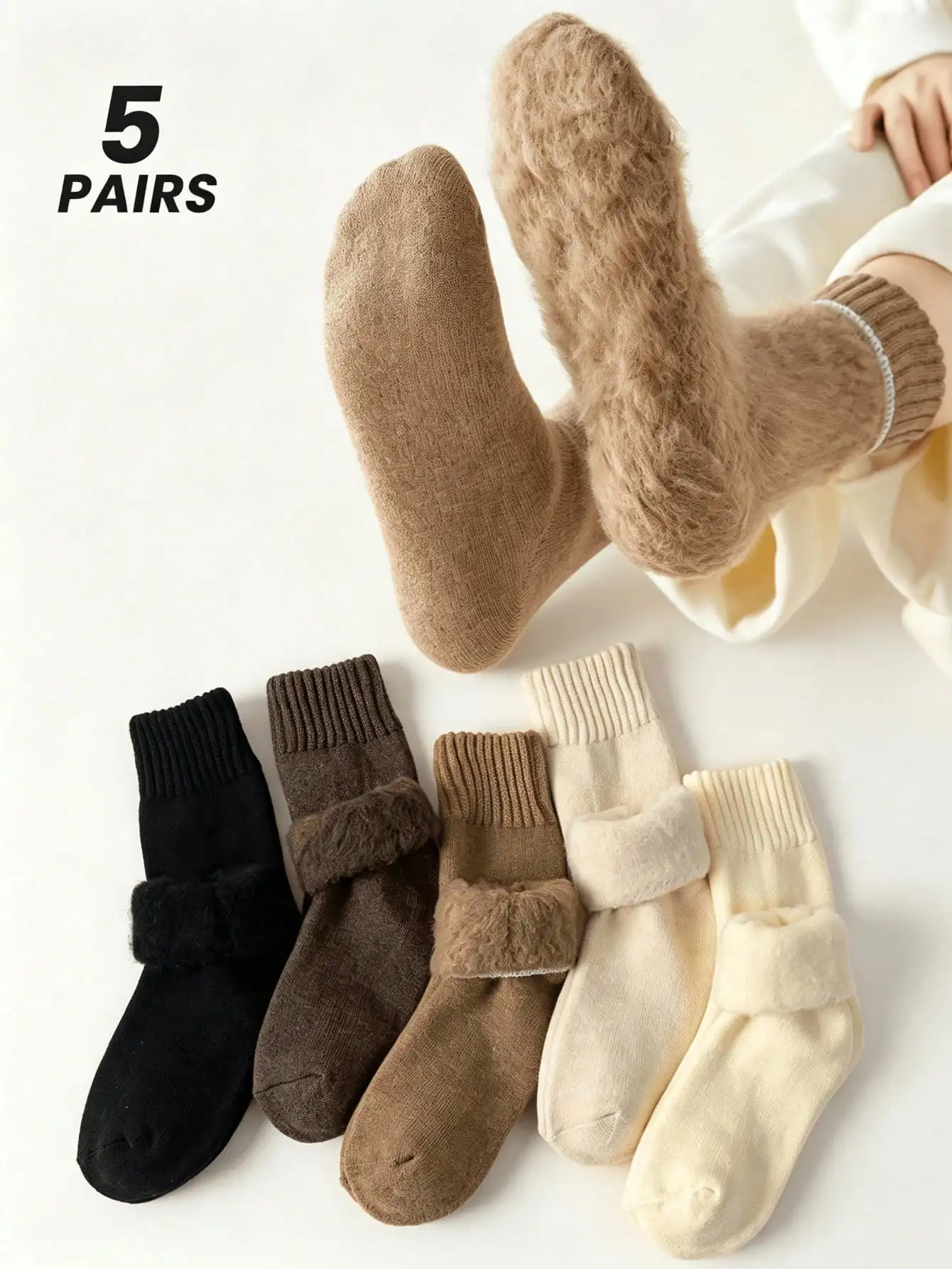 5 Pairs Women Mixed Color Lined Warm Fashionable Mid Height Socks for Winter Daily