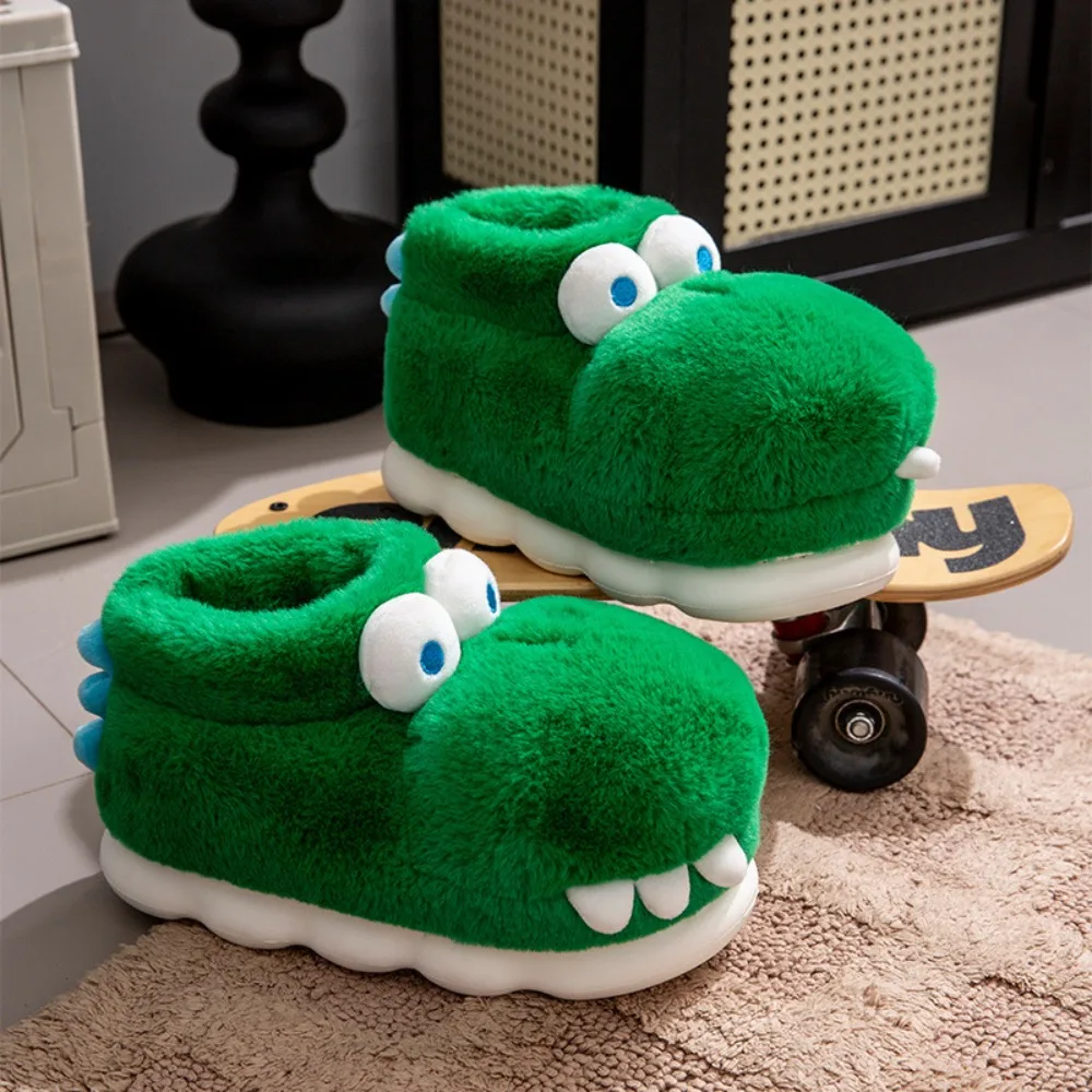 Kawaii Crocodile Dinosaur Plush Slippers Green Anti Slip Platform Flat Slippers Homewear Winter Thicken Warm Slippers Winter