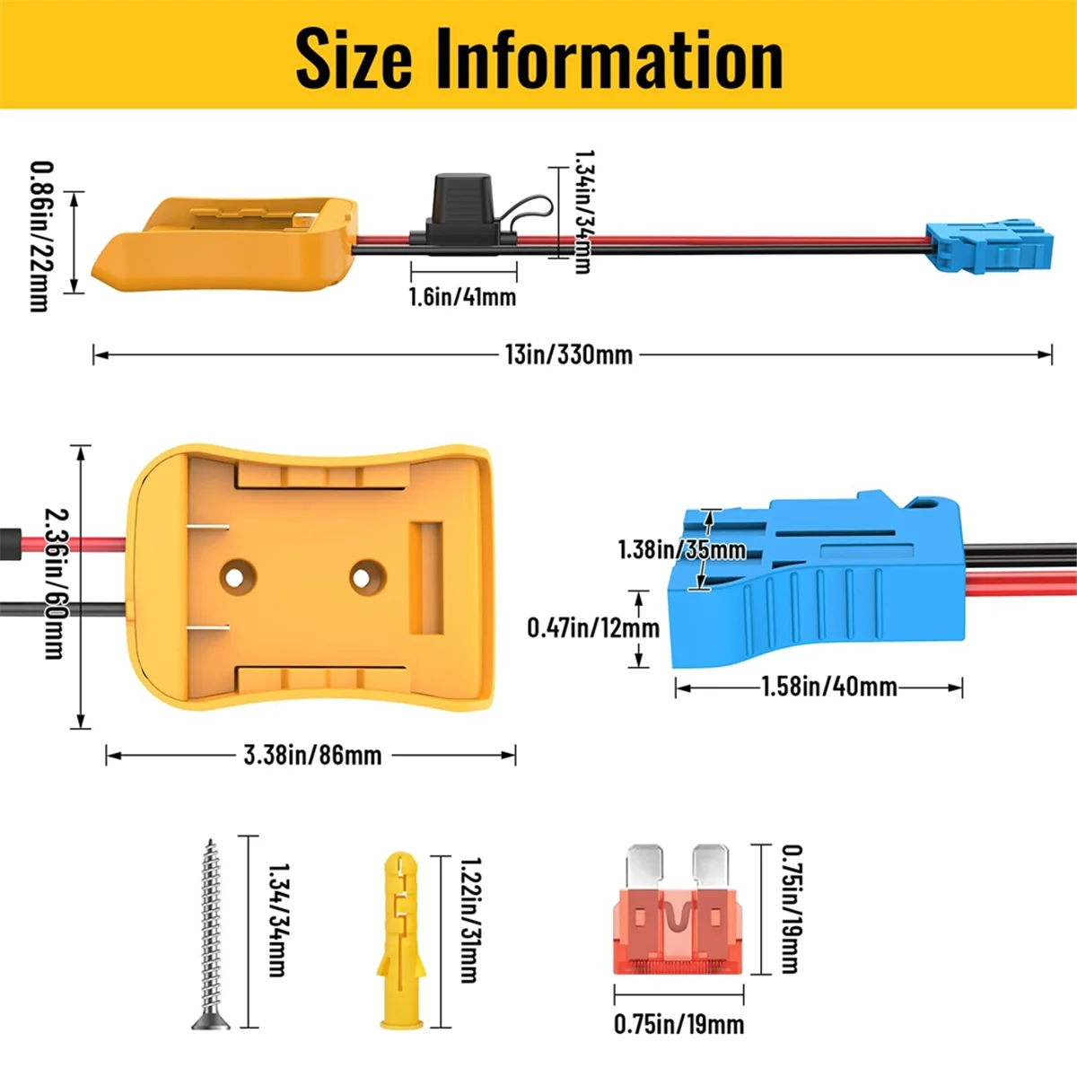 Adapter Power Wheels do akumulatora Dewalt 20 V ze złączem wiązki przewodów do Peg-Perego, przewód 12AWG z bezpiecznikiem 40 A