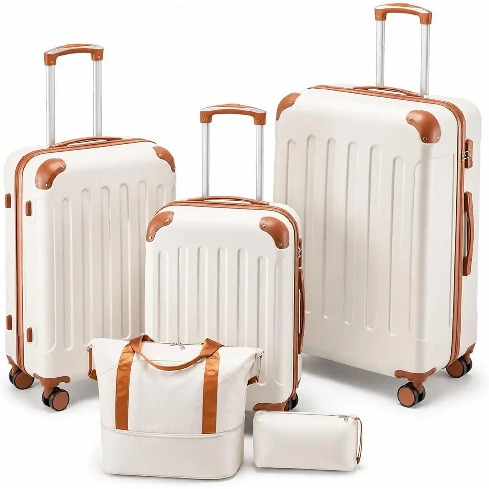 

5-Piece Hardside Luggage Set with Wheels, TSA Lock, White & Brown