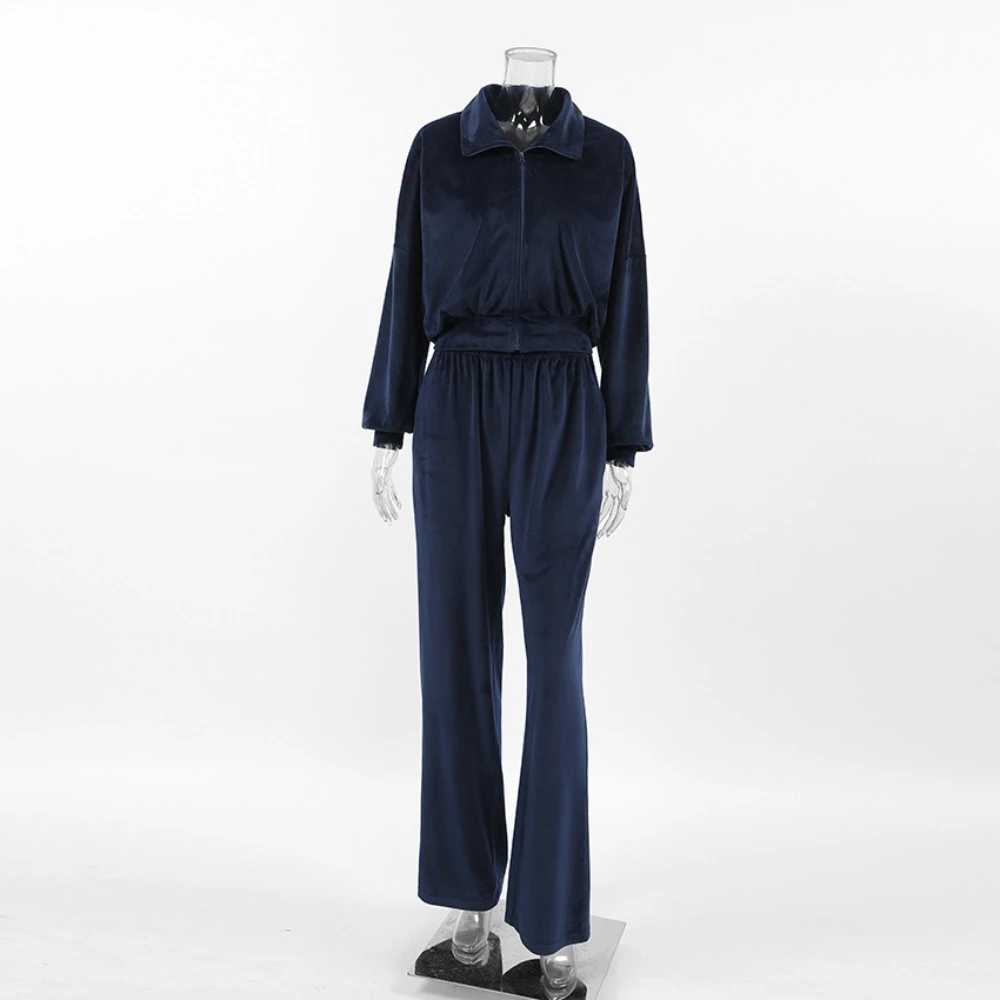 TWOTWINSTYLE, conjuntos informales de dos piezas con cremallera empalmada lisa para mujer, chaqueta de manga larga con solapa, pantalones con pliegues de retales, conjunto para mujer