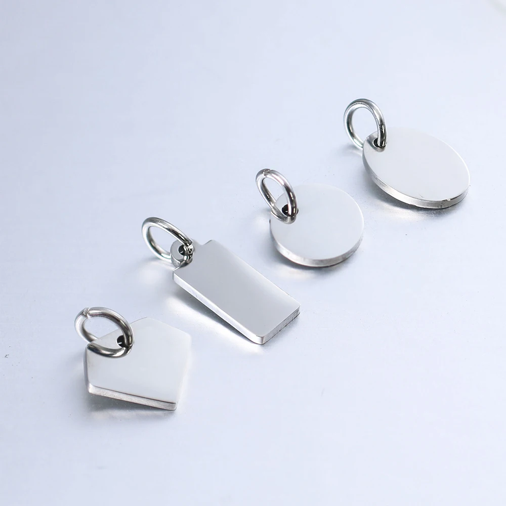 Custom Logo Tags Stainless Steel Round Rectangular Diamond Oval Charms Mirror Polishing Pendant for DIY Necklace Bracelets