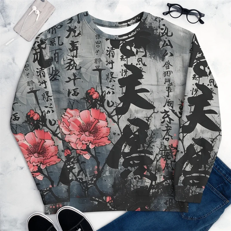 

Пуловер Толстовка для мужчин Японский стиль Граффити Топы с длинными рукавами с 3D принтом Негабаритные уличные хип-хоп повседневные толстовки с круглым вырезом