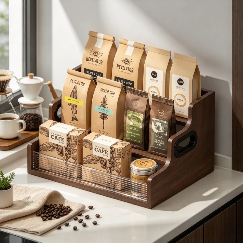 Tiered Coffee Station Organizer, Portable Tea Bag Storage Rack with Handle, Rounded Edges, Scratch-Resistant MDF Display Shelf