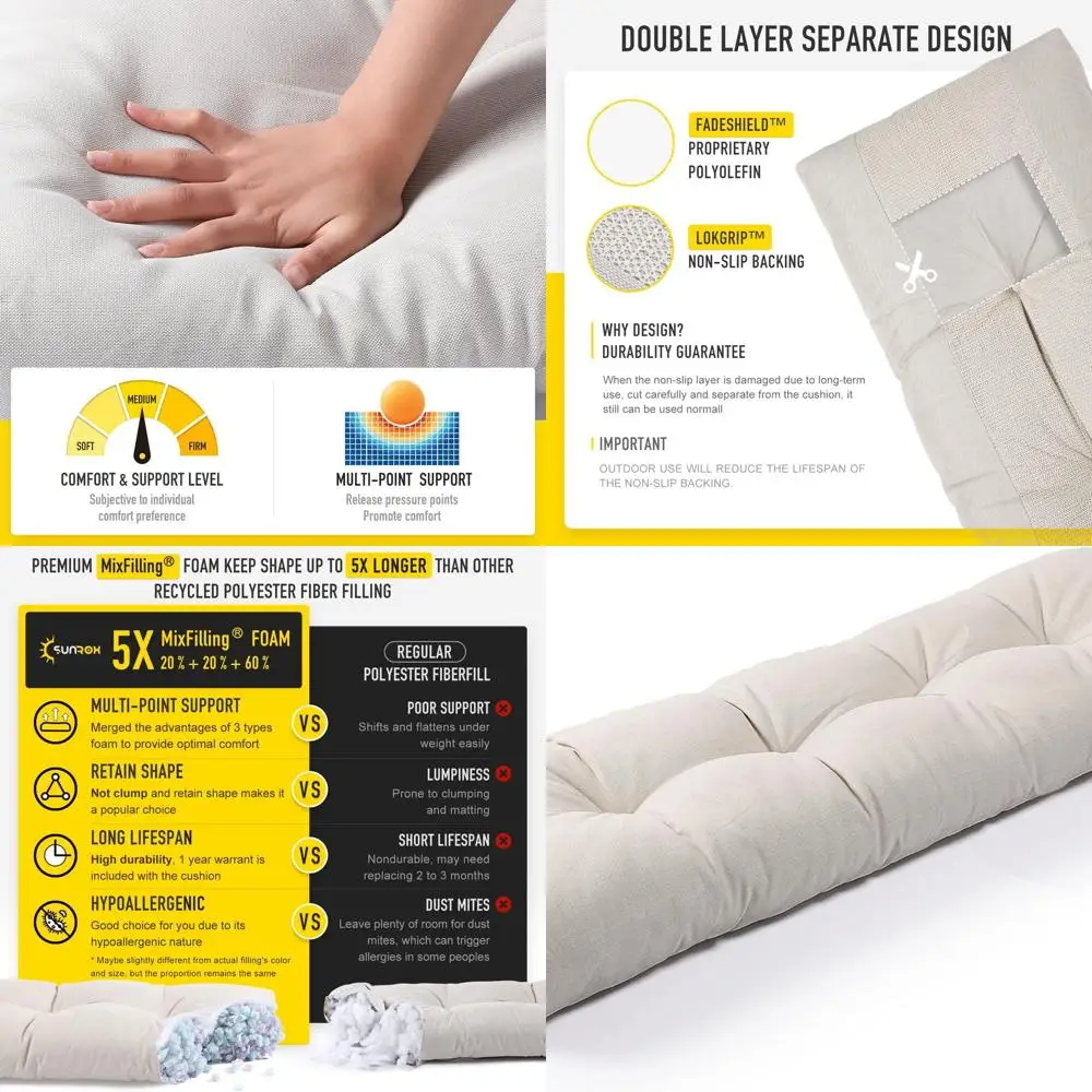 

Подушка для скамейки из пены с эффектом памяти, нескользящая тафтинговая, FadeShield, водостойкая, утолщенная, для улицы/в помещении, 51x16x4 дюйма, кремовая