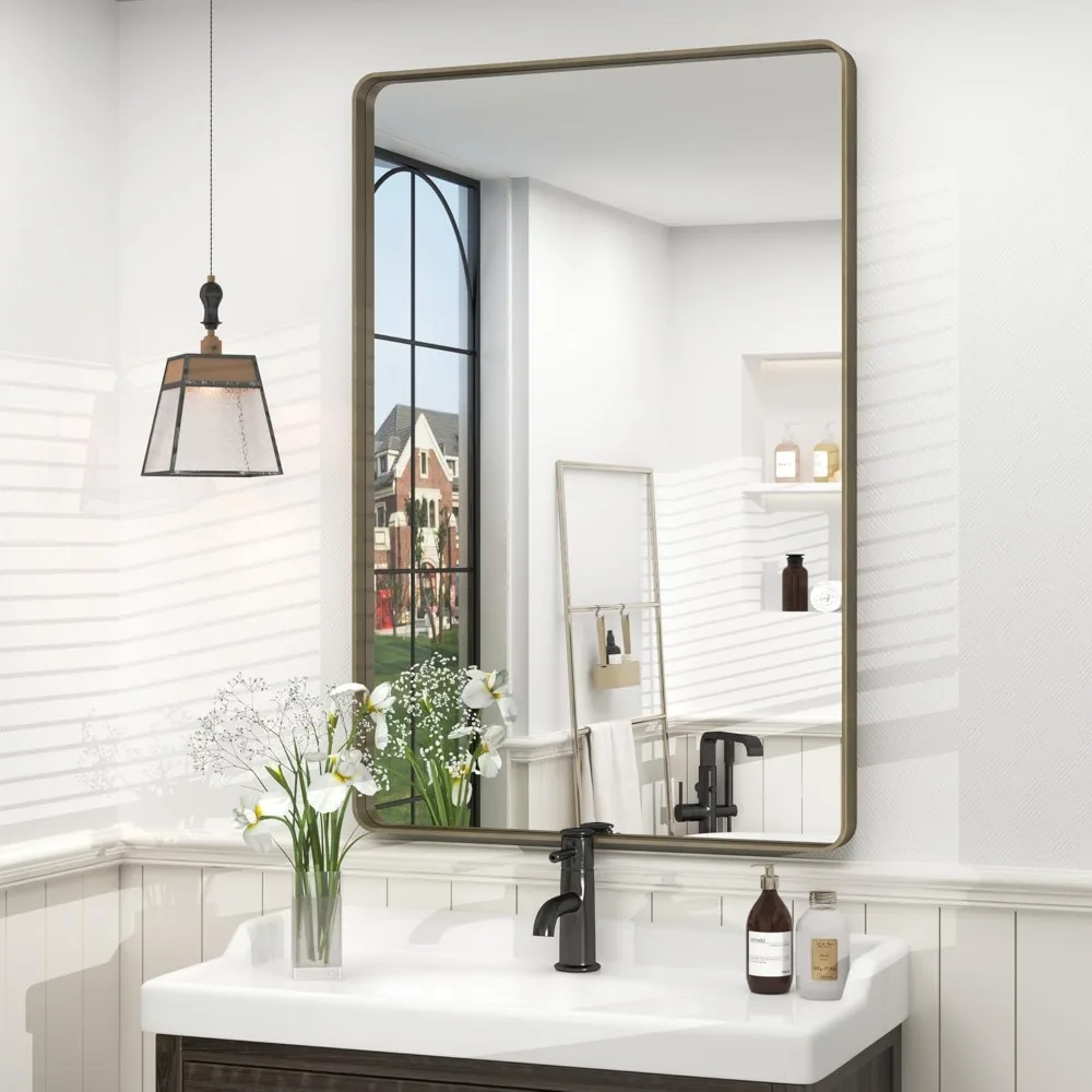 مرآة حمام بإطار برونزي مع زوايا مستديرة، زجاج مقسى مقاوم للكسر، معلقة أفقيًا أو عموديًا #1