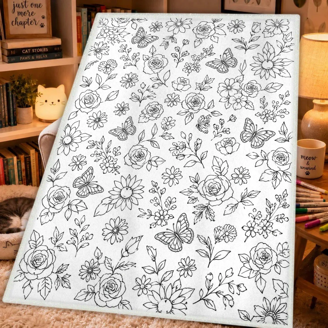 Monochrome Botanical Blanket Daisy Rose Butterfly Sketch Blanket Warm Flannel Blanket for Farmhouse Room Decor