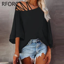 2024 Women Chic Solid Batwing Sleeves One Shoulder Off Criss Cross Loose Fit Blouse Tops