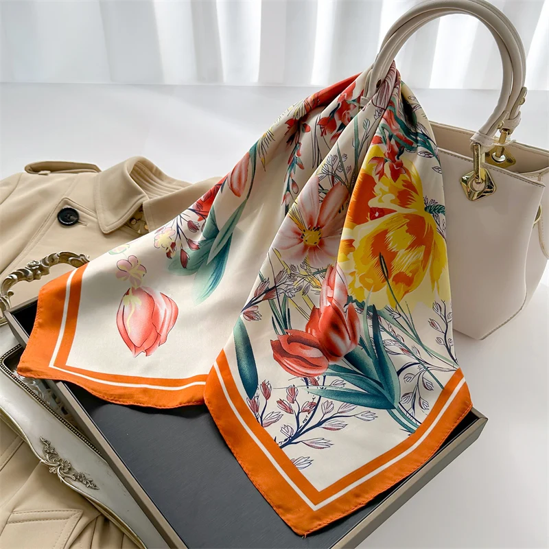 Bufanda cuadrada de seda de imitación con estampado de lujo para mujer, chal con lazo para el cuello, envolturas para el pelo femenino, pañuelo para la cabeza para la muñeca, Hijab