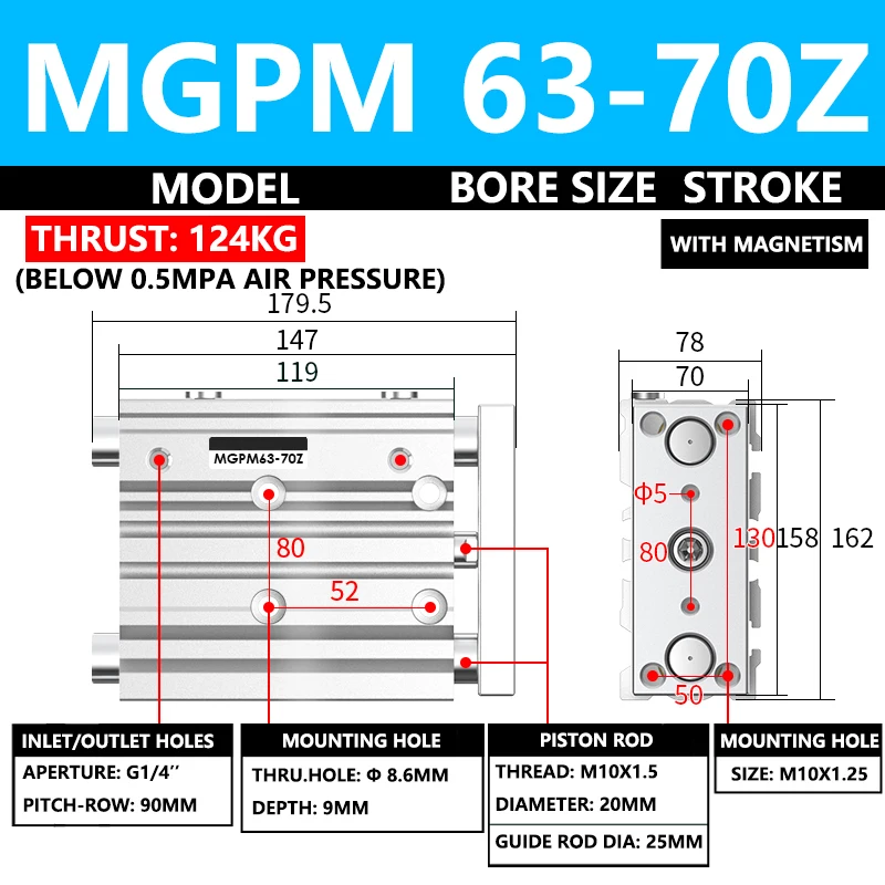 ABILKEEN MGPM Series Pneumatic Compact Guide Cylinder MGPM63-70Z 63MM Bore X 70MM Stroke Thin Three Axis Three Rod Air Cylinder