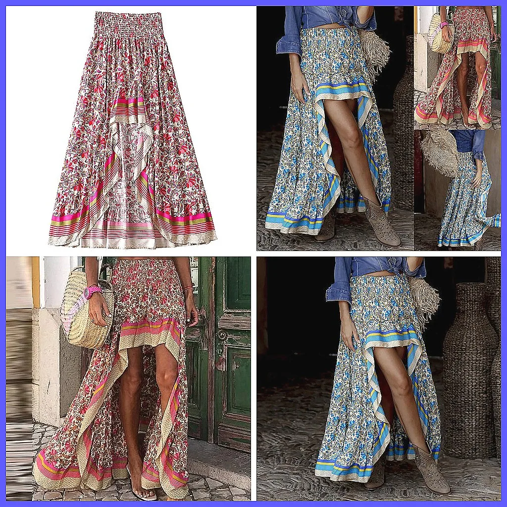 

Boho Floral Print Split Maxi Skirt with Side Ruffle, High Waist & Low Hem for Women