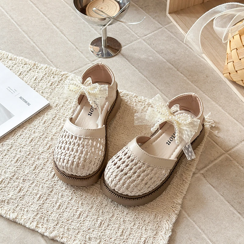 

Kids Sandals Weave Trendy Children Princess Shoes Sweet Beading 2026 Summer New Girls Casual Beach Shoes Non-slip Soft Sole