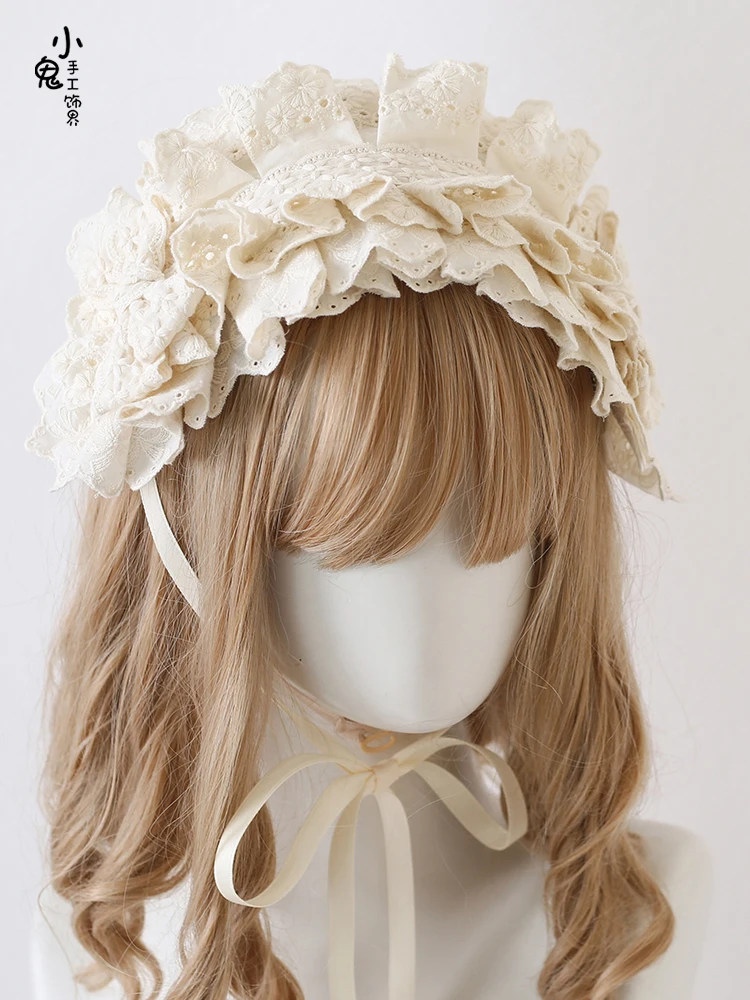 Limite dell'umore Lolita copricapo bambola senso fiocco fascia per capelli Kc pizzo gotico fatto a mano accessori per capelli in bianco e nero