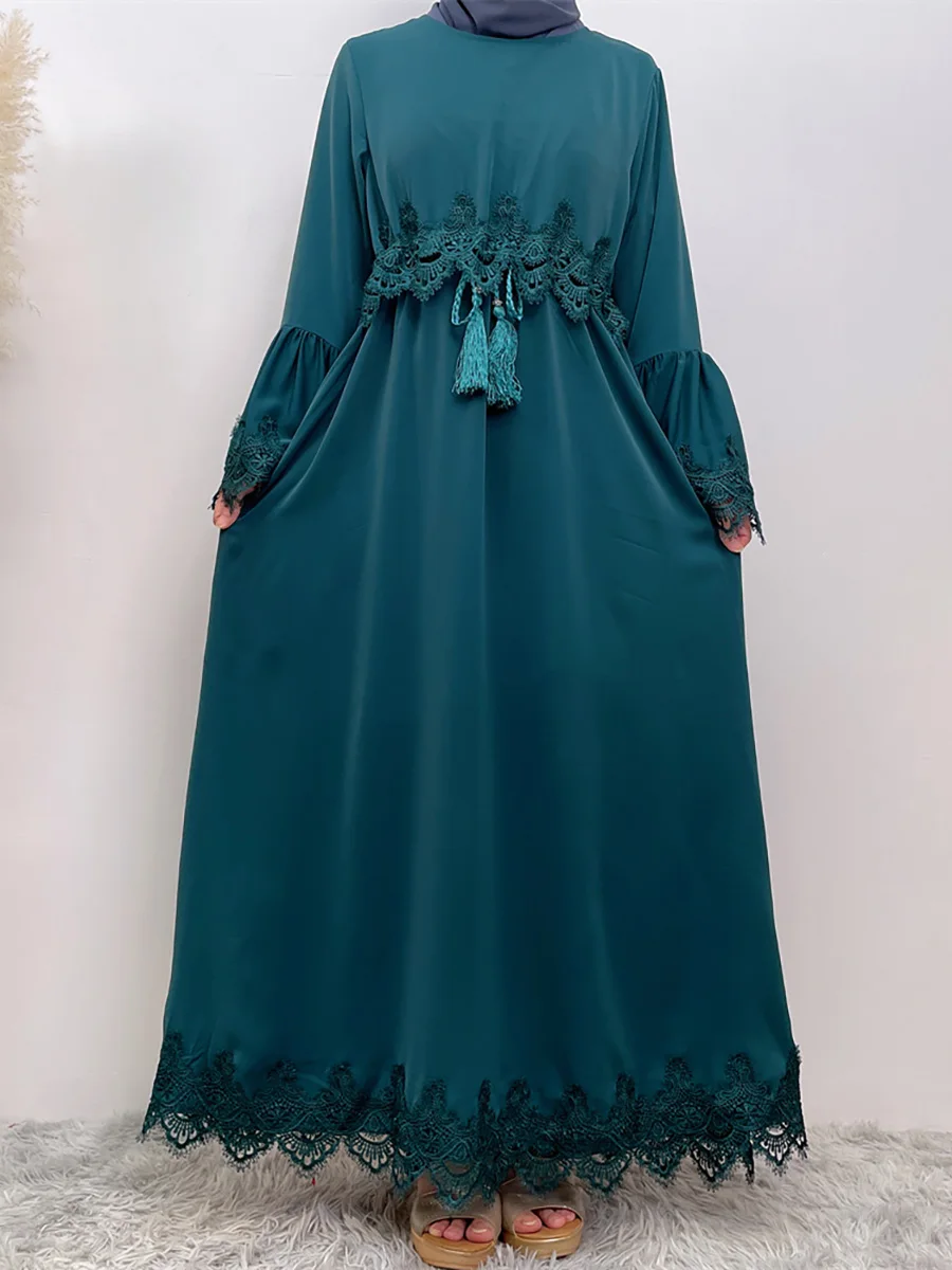 Muslim Middle East fashion casual elegant women\'s dress Arab Dubai Turkish women\'s lace dress Islamic patchwork robe dress