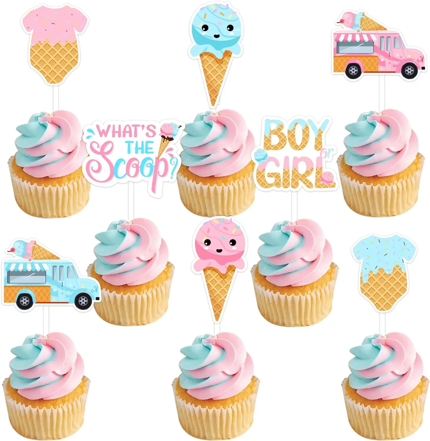 

What's The Scoop Gender Reveal Cupcake Toppers Ice Cream Double Sided Paper Cake Decor for Pregnancy Celebration Newborn Party