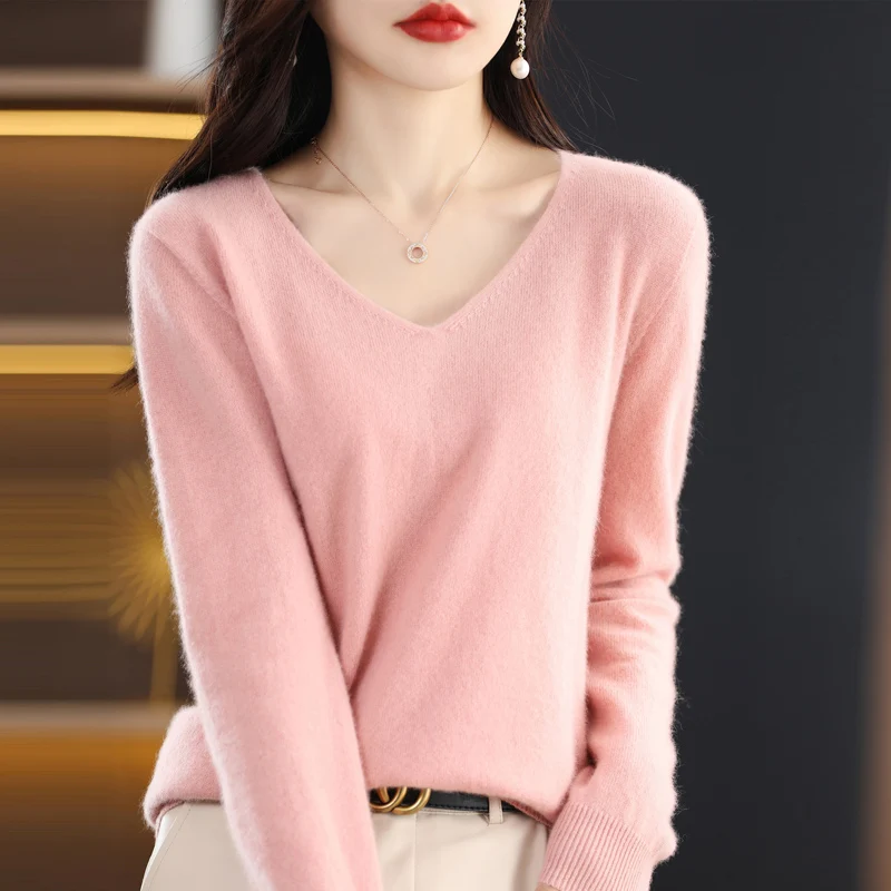 100% merino wool ladies 23 autumn and winter new solid color V-neck long-sleeved first-line ready-to-wear loose knit sweater