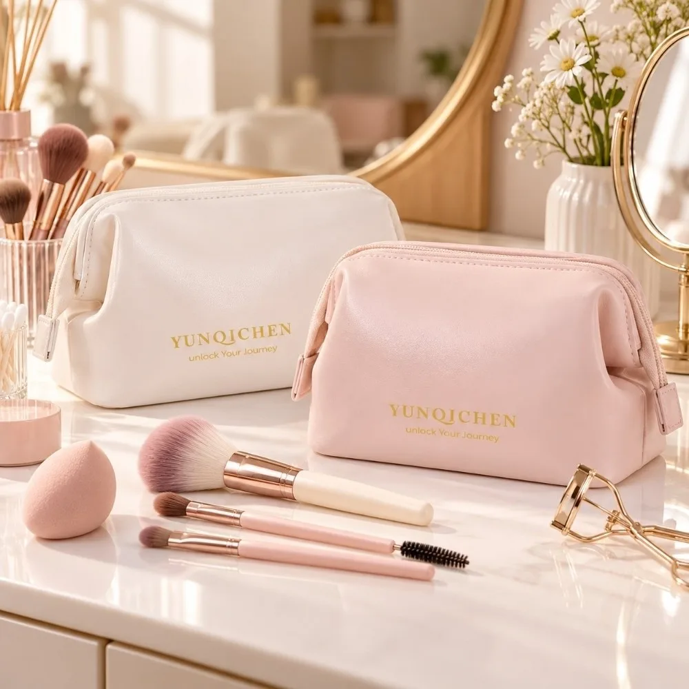 Multi-purpose PU Cosmetic Bag Waterproof Solid Color Makeup Pouch With Zipper Large Opening Travel Makeup Bag Storage Organizer