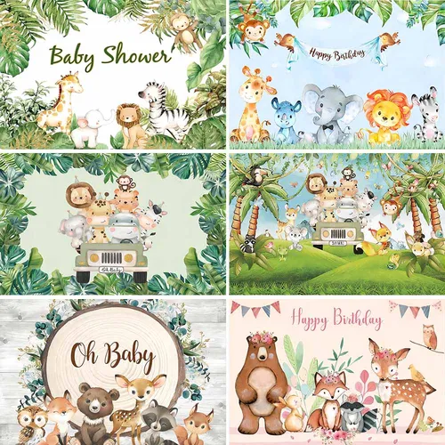 Fondo de Safari de animales de la selva, bosque Tropical, fiesta de 1er cumpleaños para niño y niña, decoración para fiesta de bienvenida de bebé recién nacido, pancarta de fotografía