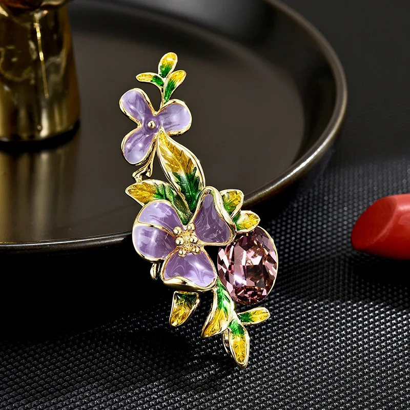 Chinese Style Auspicious Lucky Enamel Iris Flower Vine Brooch Sparkling Crystal Elegant Lapel Pin For Shirts Dresses Daily Wear
