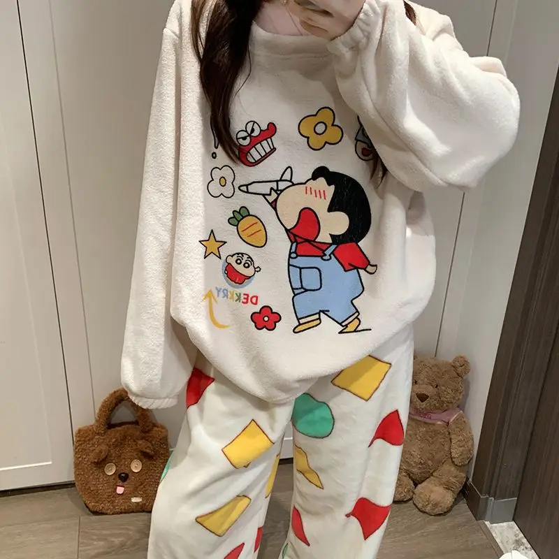 Cartoon Crayon Shin-chan Winter Casual Girls Thickened Homewear Kawaii Women Plush Pajamas Suit Anime Loose Tops Pants Suit