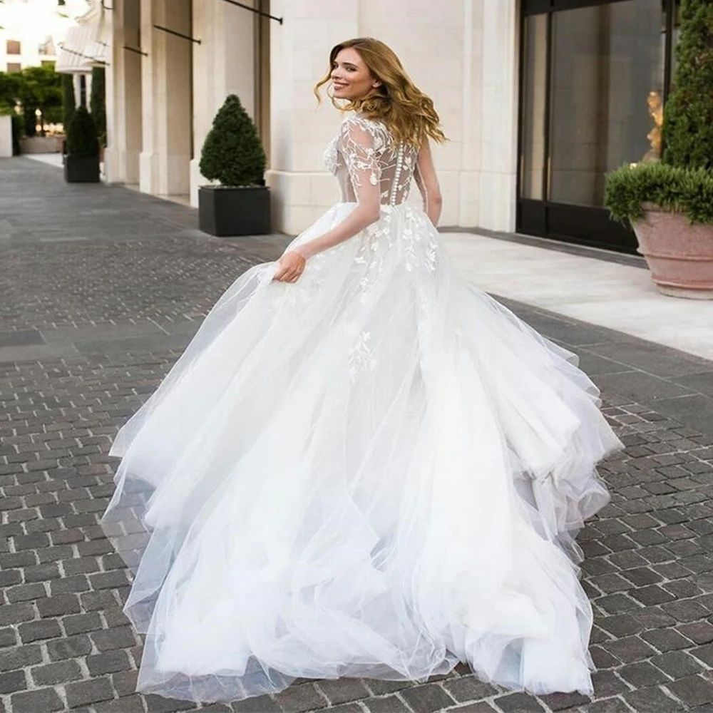 Robe De mariée à manches longues en Tulle blanc, Vintage, avec des Appliques en dentelle, personnalisée sur mesure, superbe