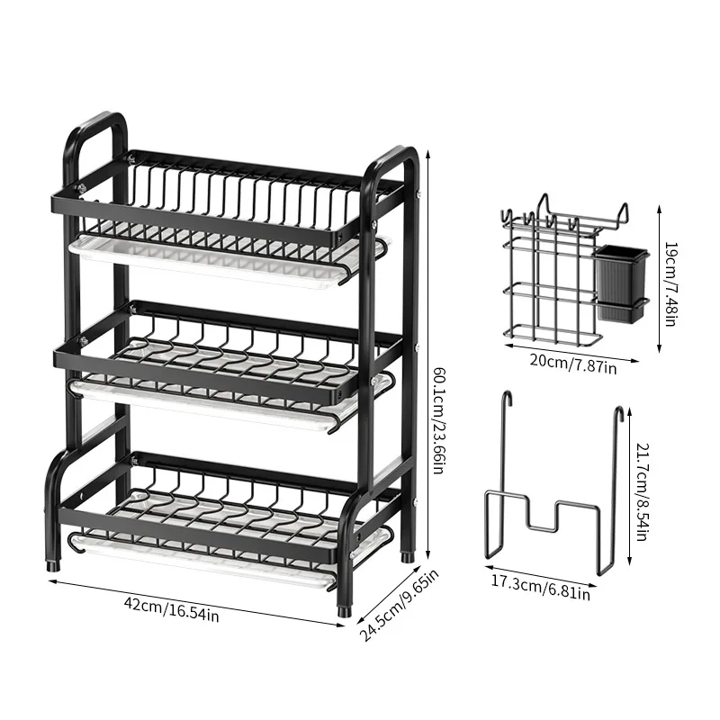 Triple Drain Dish Rack | Space Saving, Multifunctional Kitchen Countertop Drain Rack with Drain Board, Cutlery Rack, Cup Holder