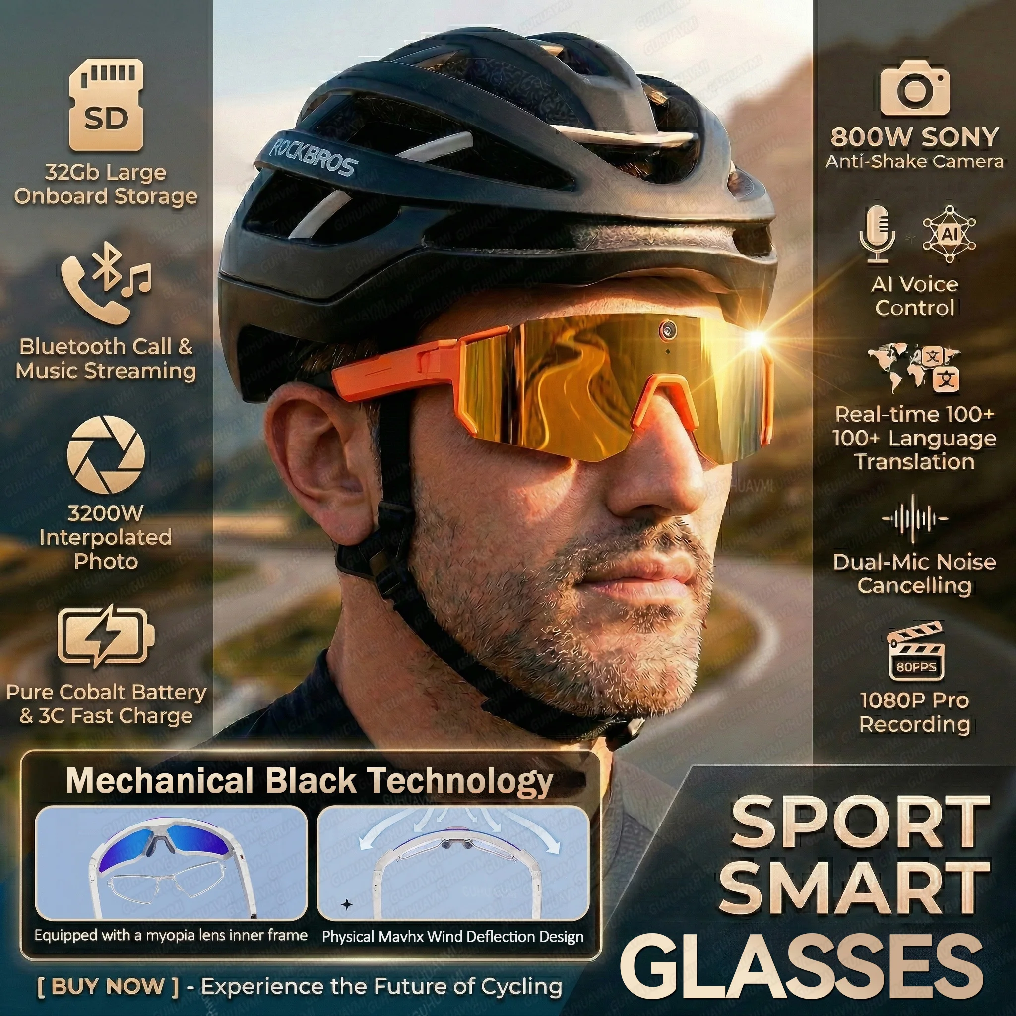 

4K Polarized Sunglasses AI Smart 800W Camera 100+Language Translation Cycling Glasses Men Driving UV400 Portection IP54 Goggles