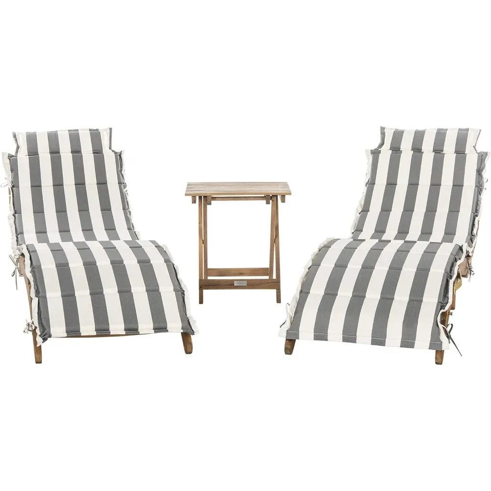 

Outdoor Chaise Lounge Chair with Table, Pacifica Natural Brown Solid Wood/Grey & White Stripe Cushion Lounge Chair