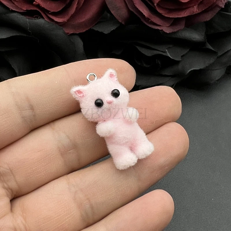 2pcs 35*17mm 3D Cute Fluffy Flocking Cat Animal Charms Miniature Dolls Keychain Necklace Pendant DIY Crafts Jewelry Make