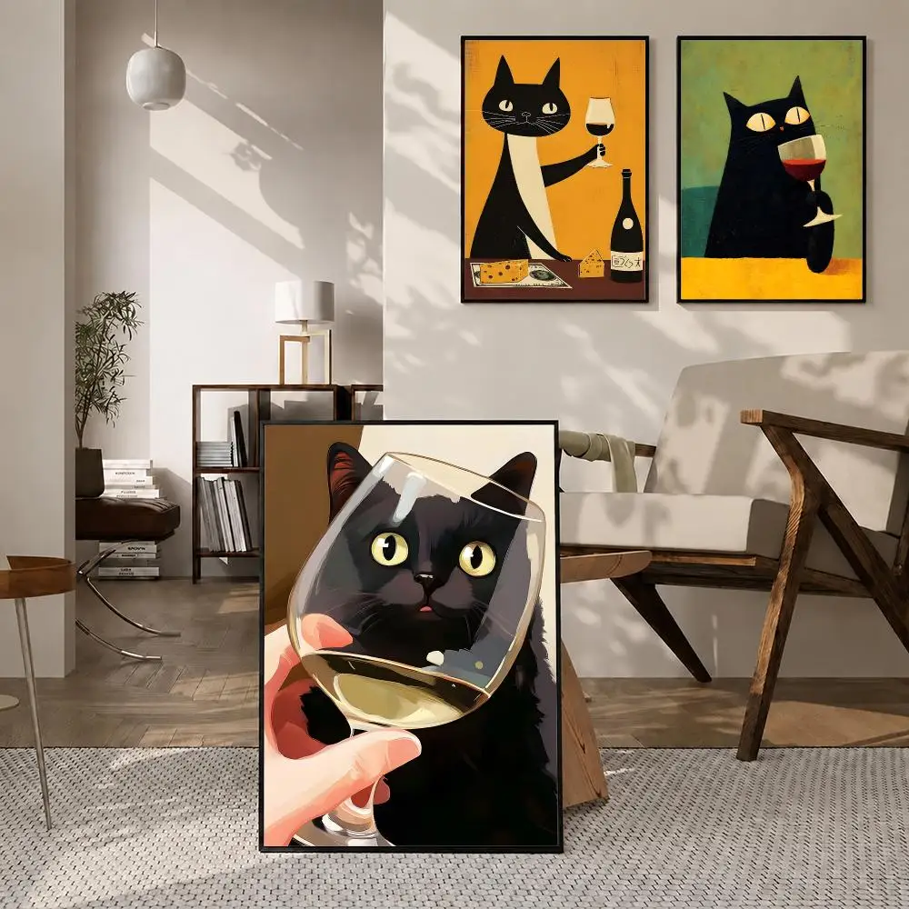 Black Cat Wine Chess Art Poster Self‑Adhesive Waterproof PP Poster Coffee House Bar Wall Art Sticker Room Home Decor