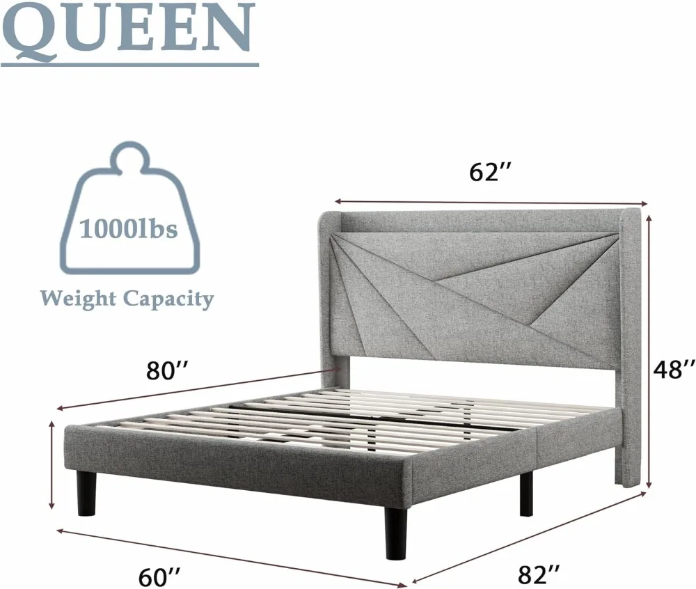 Queen Bedframe Met Type-C & Usb-Poorten, Gestoffeerd Platform Bedframe Met Vleugelverdekkings Opberghoofdeinde, Massief Houten Latten