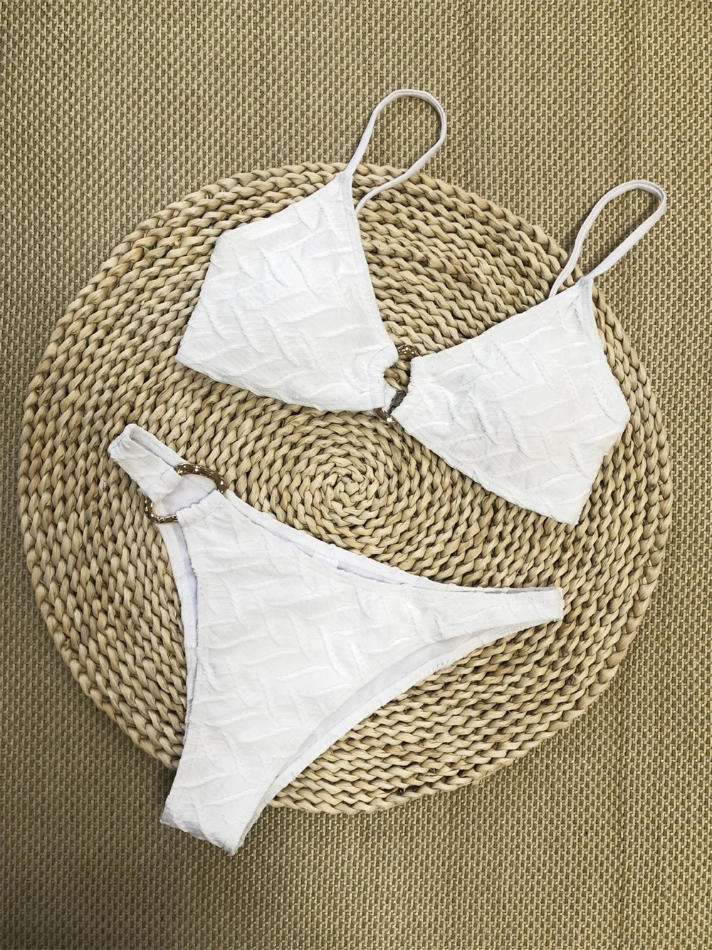 

Sexy White Jacquard Sling Bikini Set Micro Rings Extreme Thongs Swimsuit Push Up Swimwear Women Beach Summer Outfit Bathing Suit
