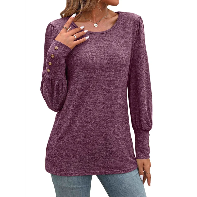 

CGS-Women's Puff Short Long Sleeve Tops Crewneck Loose Casual Blouse Shirts With Button Details