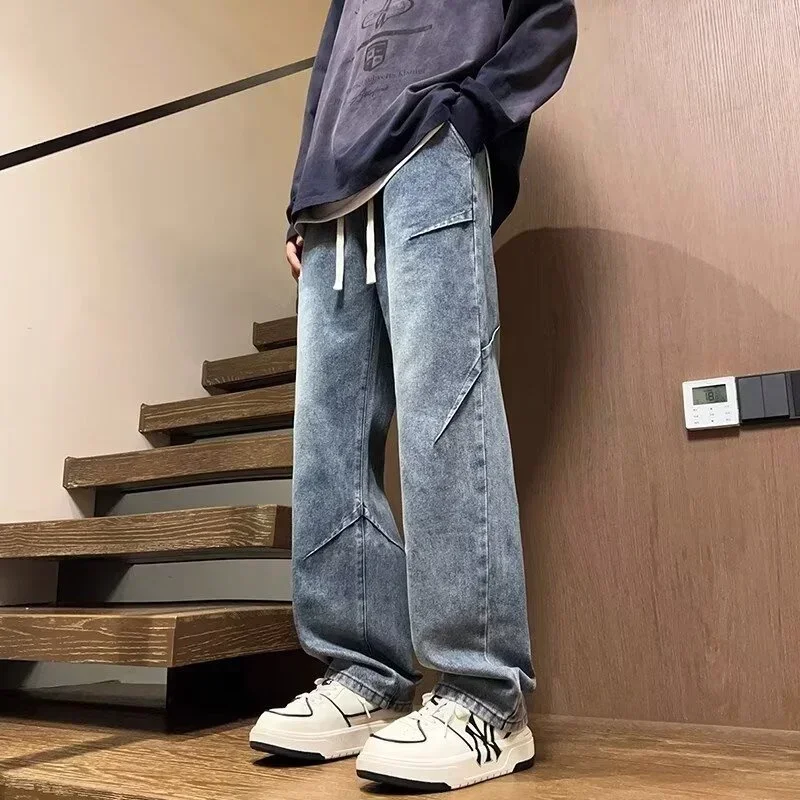 Jeans da uomo a gamba dritta New Hip Hop Fashion coulisse semplici pantaloni larghi a vita alta Jeans Casual a gamba larga con per uomo