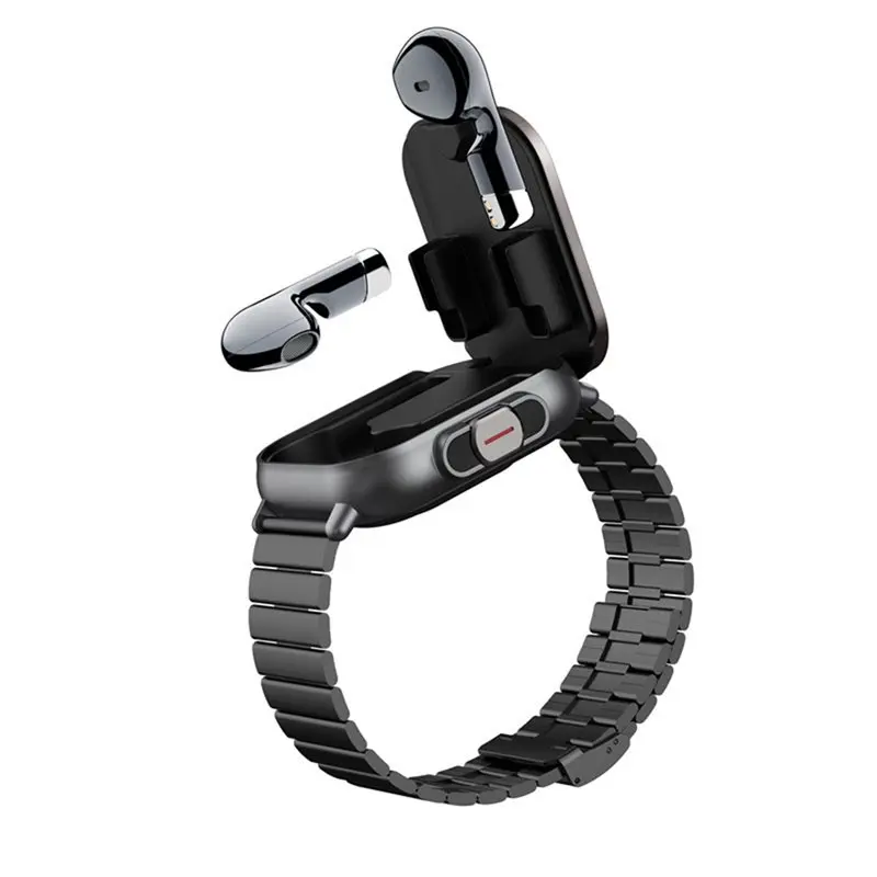 ABKQ-Smart Watch 2 In 1 Wireless Bluetooth Calling Earphones Sports Fitness Record Health Monitor Black