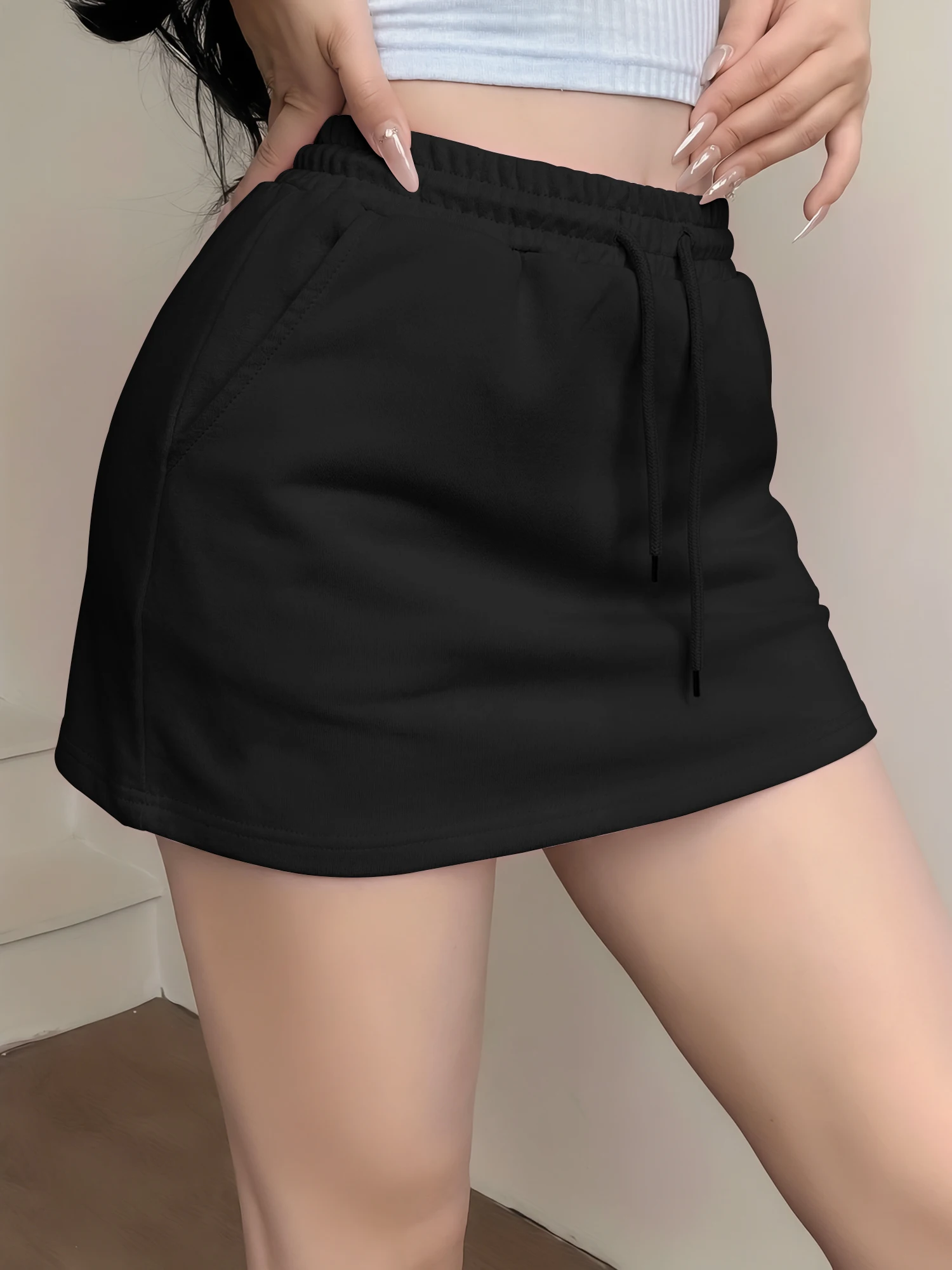 90s American Retro Sweat Skort Women Elastic Drawstring High Waist Solid A Line Pocket Mini Skirt Vintage Casual Street Bottoms