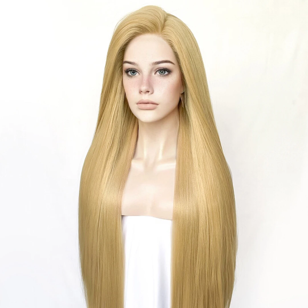 

Long Silkt Straight 613 Honey Blonde Synthetic 13X4 Lace Front Wigs Daily Wear High Temperature Fiber Glueless Women Lace Wigs