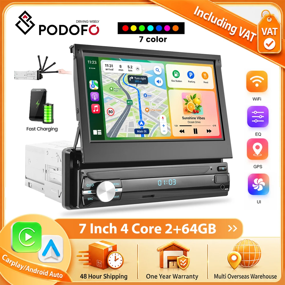 Podofo 7'' Bezprzewodowe Radio Carplay Android Auto do Uniwersalnych Systemów Samochodowych z Nawigacją GPS, BT, FM/RDS, 1din Autoradio Plug&Play, Jednostka Główna SWC, Multimedialne Stereo