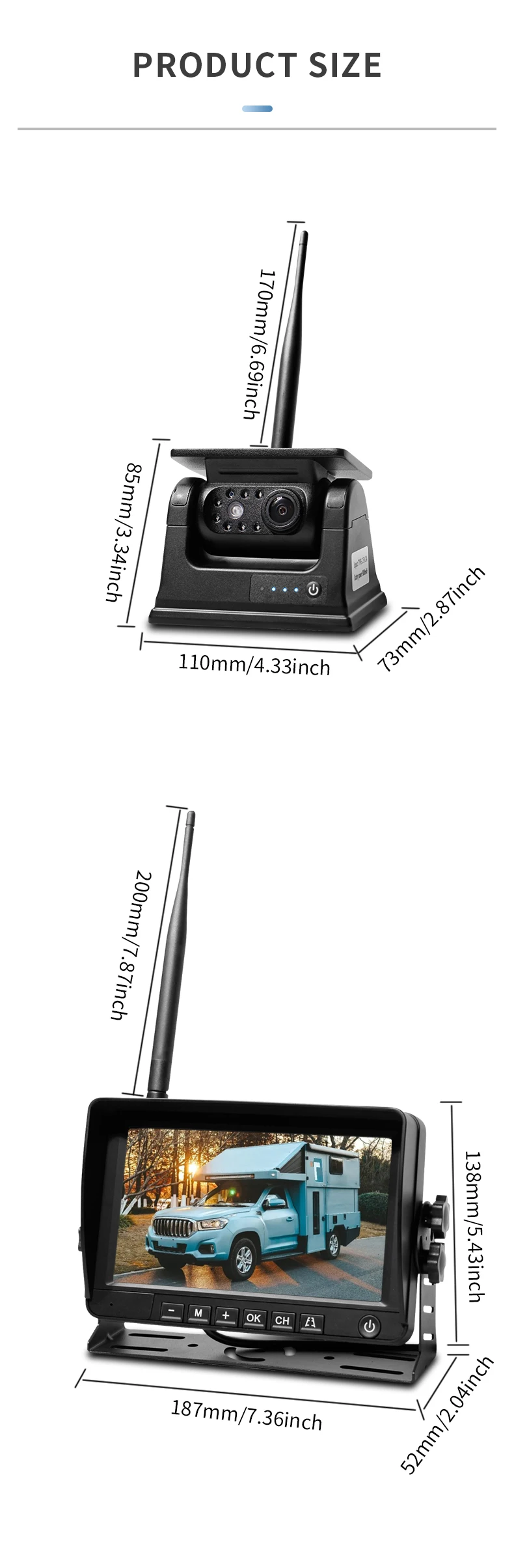

7 Inch 2CH/4CH IPS Screen with DVR Function Rechargeable Battery Solar Magnetic Wireless Backup for Truck Trailer RV